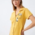 Moda Kadın Pamuk Penye Kısa Kol Düğmeli Sarı Tunik Gecelik