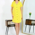 Moda Kadın Pamuk Penye Kısa Kol Düğmeli Sarı Tunik Gecelik