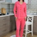 Moda Kadın Pamuk Penye Önden Düğmeli Uzun Kol Pijama Takım Pembe