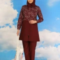 Moda Kadın Pantolonlu Desenli Tam Tesettür Mayo Bordo