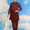 Moda Kadın Pantolonlu Desenli Tam Tesettür Mayo Bordo