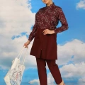 Moda Kadın Pantolonlu Desenli Tam Tesettür Mayo Bordo