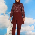 Moda Kadın Pantolonlu Desenli Tam Tesettür Mayo Bordo
