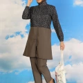 Moda Kadın Pantolonlu Desenli Tam Tesettür Mayo Füme