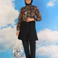 Moda Kadın Pantolonlu Desenli Tam Tesettür Mayo Lacivert