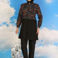 Moda Kadın Pantolonlu Desenli Tam Tesettür Mayo Siyah