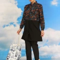 Moda Kadın Pantolonlu Desenli Tam Tesettür Mayo Siyah