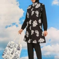 Moda Kadın Pantolonlu Desenli Tam Tesettür Mayo Siyah