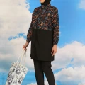 Moda Kadın Pantolonlu Desenli Tam Tesettür Mayo Siyah