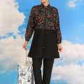 Moda Kadın Pantolonlu Desenli Tam Tesettür Mayo Siyah