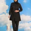 Moda Kadın Pantolonlu Desenli Tam Tesettür Mayo Siyah