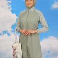 Moda Kadın Pantolonlu Desenli Tam Tesettür Mayo Su Yeşili