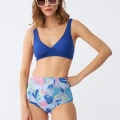 Moda Kadın Pedli Yaprak Desenli Yüksek Bel Sax Bikini Takımı