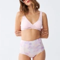 Moda Kadın Pembe Pedli Üst ve Pastel Desenli Yüksek Bel Bikini Takımı