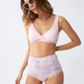 Moda Kadın Pembe Pedli Üst ve Pastel Desenli Yüksek Bel Bikini Takımı