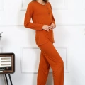 Moda Kadın Penye Uzun Kol Patlı Pijama Takım Kiremit