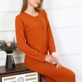 Moda Kadın Penye Uzun Kol Patlı Pijama Takım Kiremit