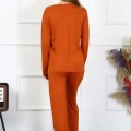 Moda Kadın Penye Uzun Kol Patlı Pijama Takım Kiremit
