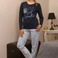Moda Kadın Penye Uzun Kol Pijama Takım Laciver