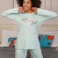 Moda Kadın Penye Uzun Kol Pijama Takım Su Yeşili