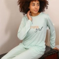 Moda Kadın Penye Uzun Kol Pijama Takım Su Yeşili