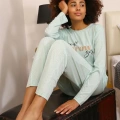 Moda Kadın Penye Uzun Kol Pijama Takım Su Yeşili