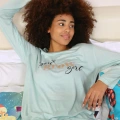 Moda Kadın Penye Uzun Kol Pijama Takım Su Yeşili