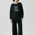 Moda Kadın Siyah Boğa Burcu Oversize 2 İplik Eşofman Ev Giyim Takımı