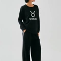 Moda Kadın Siyah Boğa Burcu Oversize 2 İplik Eşofman Ev Giyim Takımı