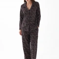 Moda Kadın Siyah Düğmeli Kalp Desenli Pamuklu Pijama Takımı