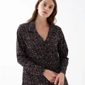 Moda Kadın Siyah Düğmeli Kalp Desenli Pamuklu Pijama Takımı