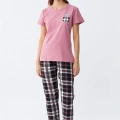 Moda Kadın Somon Ayıcık Baskılı Ekoseli Penye Pijama Takımı