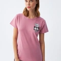 Moda Kadın Somon Ayıcık Baskılı Ekoseli Penye Pijama Takımı