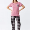 Moda Kadın Somon Ayıcık Baskılı Ekoseli Penye Pijama Takımı