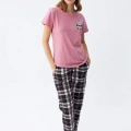 Moda Kadın Somon Ayıcık Baskılı Ekoseli Penye Pijama Takımı