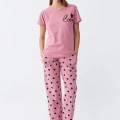 Moda Kadın Somon Kalp Desenli Kısa Kollu Penye Pijama Takımı