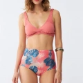 Moda Kadın Somon Pedli Üst ve Tropik Desenli Yüksek Bel Bikini Takımı