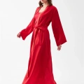 Moda Kadın Uzun Kırmızı Saten Sabahlık