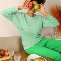 Moda Kadın Uzun Kol 3 İplik Penye Pijama Takım Yeşil