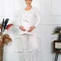 Moda Kadın Uzun Kol Hamile Lohusa Pijama Takımı Ekru