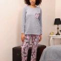Moda Kadın Uzun Kol Penye Pijama Takım Gri