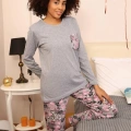 Moda Kadın Uzun Kol Penye Pijama Takım Gri