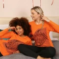 Moda Kadın Uzun Kol Penye Pijama Takım Turuncu