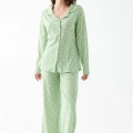 Moda Kadın Yeşil Kalp Desenli Düğmeli Pamuklu Pijama Takımı
