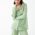 Moda Kadın Yeşil Kalp Desenli Düğmeli Pamuklu Pijama Takımı