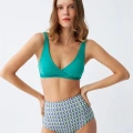 Moda Kadın Yeşil Pedli Geometrik Desenli Yüksek Bel Bikini Takımı
