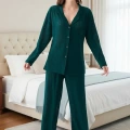 Moda Kadın Zümrüt Yeşili Önden Düğmeli Rahat Kesim Pijama Takımı