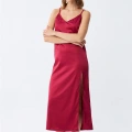 Moda Yırtmaçlı Uzun Saten Gecelik Bordo