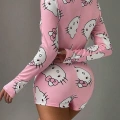 Pamuklu Pembe Hello Kitty Desenli Düğmeli Uzun Kol Tulum Pijama
