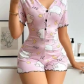 Pamuklu Pembe Kuzu Desenli Düğmeli Uzun Kol Tulum Pijama